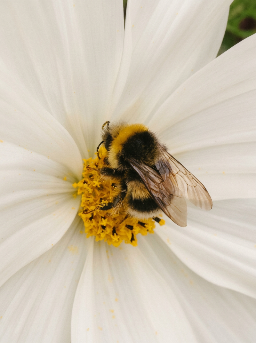 Im Gleichgewicht Biene auf weisser Blüte – natürliche Balance und Zusammenspiel in der Natur